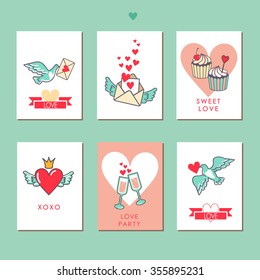 Set of cards for your design. Love. Cards for the holiday. Valentine's Day. Vector illustration. Very cute and loving. From Russia with love! Heart, wings, dove, crown, glasses, party, cupcakes, etc
