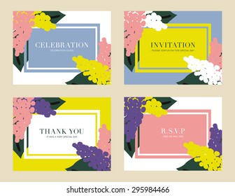 Set of cards for your wedding day with four cards decorated with flowers and leaves in vivid colors. Vector and illustration design.