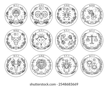 Set of cards with zodiac signs. horoscope. Astrological zodiac signs in linear style. 12 characters.  Flat vector illustration, eps10