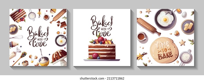 Set of cardsfor baking, bakery shop, cooking, sweet products, dessert, pastry. Square vector illustration for poster, banner, cover, card, postcard, menu.