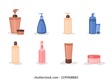 Set Pflegekosmetik. Flaschen mit Maske, Shampoo, Balsam, Creme, Schaum. Konzept der Werkzeuge Schönheits- und Hautpflege, Öko-Kosmetik, Reinigungsmittel. Vektorgrafik