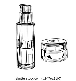 A set of care cosmetics. Isolated vector images for advertising a beauty salon, cosmetics store. Cream, toner, moisturizing serum tube. eps 10.