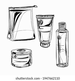 A set of care cosmetics. Isolated vector images for advertising a beauty salon, cosmetics store. Cream, toner, moisturizing serum tube. eps 10.
