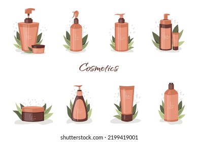 Set of care cosmetics on plant background. Bottles of mask, shampoo, balm, cream, foam. Concept of tools beauty and skin care, eco cosmetics, cleanser. Vector flat illustration