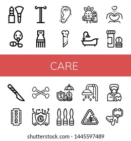 Set of care icons such as Makeup, Oxygen mask, Iv pole, Comb, Otoplasty, Bone, Toothbrushing, Bathtub, Heart, Vitamin, Scalpel, Shaving razor, Bones, Insurance, Syringe , care