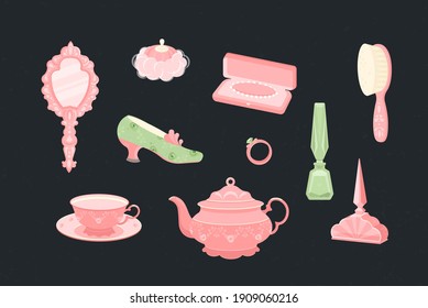 Un conjunto de artículos de cuidado para una reina o princesa. Espejo, cepillo de pelo, perfume, caja con perlas, anillo, zapato, puff, cepillo de pelo. También hay un hervidor de agua y un tazón rosado. Ilustración vectorial en estilo plano.