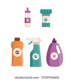 Set care and vet accessories to pets, shampoo and medication for cats and dogs