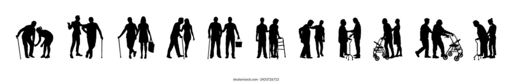 Set of caregivers helping older senior people with walking aid vector silhouette collection.