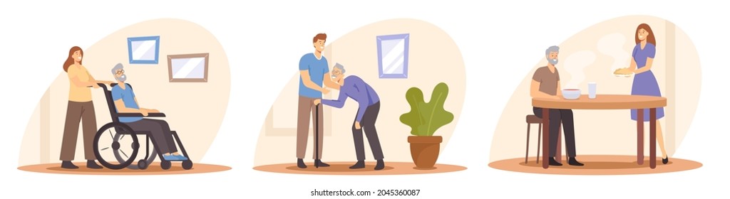 Set Caregiving of Elderly Concept. Young People Care of Seniors. Caregiver Bringing Food, Help to Walk and Push Wheelchair. Support, Aid and Assistance to Aged Characters. Cartoon Vector Illustration