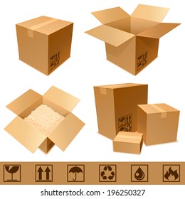 Set of cargo cardboard boxes and signs.