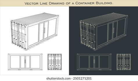 Set Cargo Container building line drawings. blueprint wireframe from all view top corner side back isolated in transparent background 