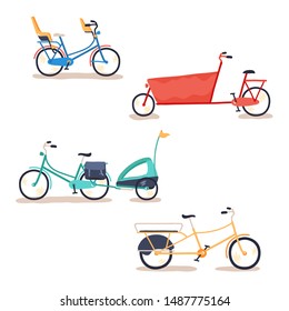 Set of cargo family bikes to carry children. Parent bike with child seats, boxbike, bike with trailer, longtail. Flat vector illustration.