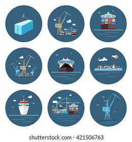 Set of Cargo Icons, Dry Cargo Vessel and Container Ship, Unloading Containers from a Ship in a Docks with Crane,  International Freight Transportation, Vector  Illustration