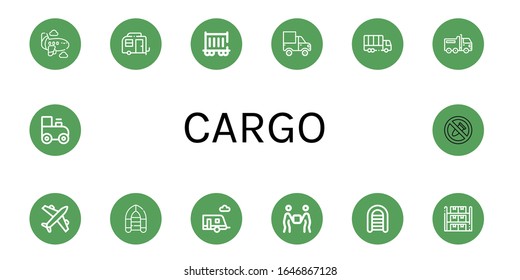 Conjunto de iconos de carga. Como avión, caravana, vagón ferroviario, coche de carga, Coche, barco inflable, remolque, entrega, almacenamiento, tren de juguetes, sin bombas, iconos de carga