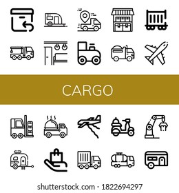Set of cargo icons. Such as Return, Crane truck, Trailer, Electric train, Truck, Toy train, Storage, Railway carriage, Plane, Forklift, Caravan, Delivery truck, Handle with care , cargo icons