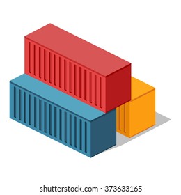 Set of cargo intermodal isometric 3d container delivery. Freight industry, export, industrial storage goods, import heavy