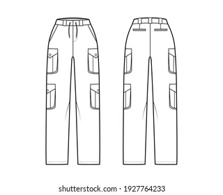 Set of cargo pants technical fashion illustration with normal waist, high rise, pockets, belt loops, full lengths. Flat bottom apparel template front back, white color. Women, men, unisex CAD mockup