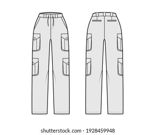 Set of cargo pants technical fashion illustration with normal waist, high rise, pockets, belt loops, full lengths. Flat bottom apparel template front back grey color style. Women men unisex CAD mockup
