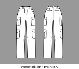 Set of cargo pants technical fashion illustration with normal waist, high rise, pockets, belt loops, full lengths. Flat bottom apparel template front back, white color. Women, men, unisex CAD mockup