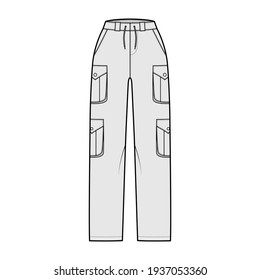 Set of cargo pants technical fashion illustration with normal waist, high rise, pockets, belt loops, full lengths. Flat bottom apparel template front, grey color style. Women, men, unisex CAD mockup