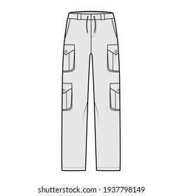 Set of cargo pants technical fashion illustration with low waist, rise, pockets, belt loops, full lengths. Flat bottom apparel template front, grey color style. Women, men, unisex CAD mockup