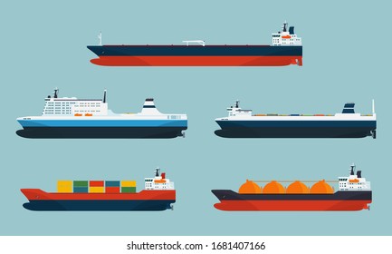 Set of cargo and passenger ships. Vector flat style illustration.