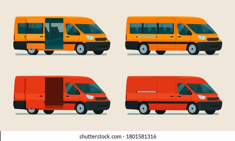 A set of cargo and passenger vans. Isometric view. Vector flat style illustration.