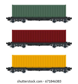 Set of Cargo Railway Containers, Green Red and Yellow Container on Railroad Platform Isolated on White Background , Railway Transport, Vector Illustration 