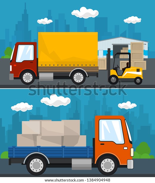 Set of Cargo Services and\
Storage, Warehouse and Forklift Truck and Small Covered Truck ,\
Lorry with Boxes , Shipping and Freight of Goods, Vector\
Illustration