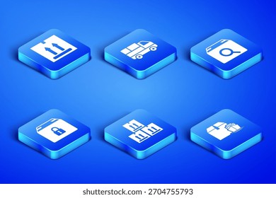 Set Cargo ship with boxes, Cardboard traffic, Locked package, Delivery truck and Search icon. Vector