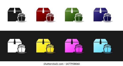 Set Cargo ship with boxes delivery service icon isolated on black and white background. Delivery, transportation. Freighter with parcels, boxes, goods.  Vector Illustration