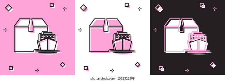 Set Cargo ship with boxes delivery service icon isolated on pink and white, black background. Delivery, transportation. Freighter with parcels, boxes, goods.  Vector Illustration