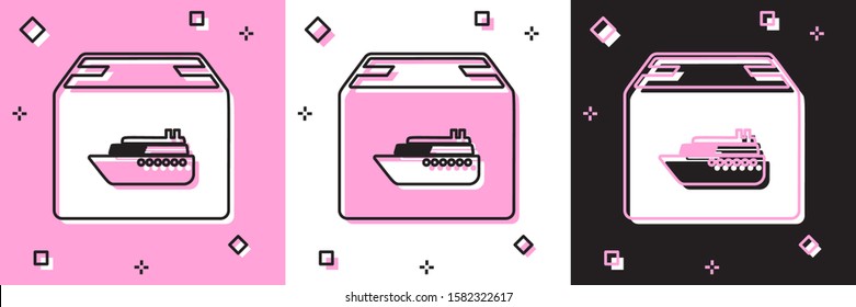 Set Cargo ship with boxes delivery service icon isolated on pink and white, black background. Delivery, transportation. Freighter with parcels, boxes, goods.  Vector Illustration