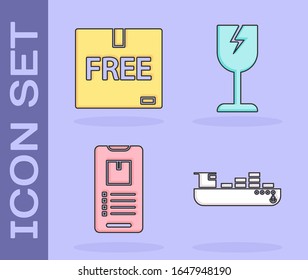 Set Cargo ship with boxes delivery service , Cardboard box with free symbol , Mobile phone with app delivery tracking  and Fragile broken glass symbol icon. Vector