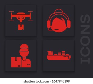 Set Cargo ship with boxes delivery service , Delivery drone with the package , Support operator in touch and Delivery man with cardboard boxes  icon. Vector