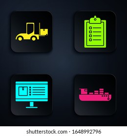 Set Cargo ship with boxes delivery service , Forklift truck , Computer monitor with app delivery tracking  and Verification of delivery list clipboard . Black square button. Vector