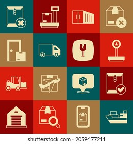 Set Frachtschiff mit Box Lieferung, Umschlag und Prüfzeichen, Maßstab, Container, Lieferung Lastwagen, Home Services, Löschen Umschlag und Fragile zerbrochenes Glas Symbol. Vektorgrafik
