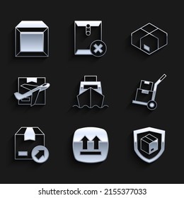 Set Cargo ship with boxes delivery, This side up, Delivery security shield, Hand truck and, Carton cardboard, Plane,  and  icon. Vector