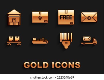 Set Cargo ship with boxes delivery service, Envelope, Post truck, Scanner scanning bar code, Railway carriage, Cardboard free symbol, Warehouse and traffic icon. Vector