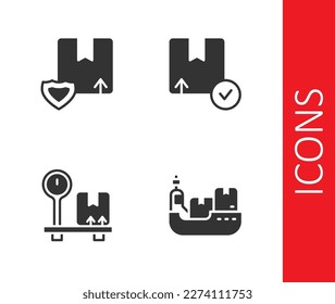 Set Cargo ship with boxes delivery, Delivery security shield, Scale cardboard and Carton icon. Vector