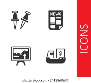 Establecer la nave de carga con entrega de cajas, pin de inserción, gráfico de gráficos de monitor e icono Noticias. Vector