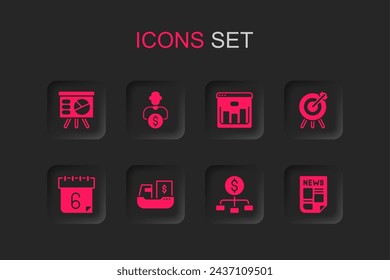 Set Cargo ship with boxes delivery, Business investor, Board graph, Hierarchy dollar, Target financial goal, News, Browser stocks market and Calendar icon. Vector