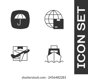 Set Cargo buque con entrega de cajas, paquete de entrega paraguas, avión y cartón y el icono de envío mundial. Vector