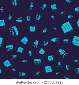 Set Cargo ship with boxes delivery, Notebook, Money exchange and Office chair on seamless pattern. Vector