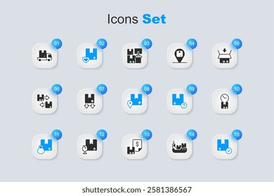 Set Cargo ship with boxes delivery, Cardboard traffic symbol, Delivery security shield, Carton cardboard, clock, cargo truck and Location icon. Vector