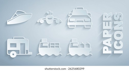 Set Cargo ship with boxes delivery, Taxi car, Rv Camping trailer, Oil tanker, Plane and Speedboat icon. Vector