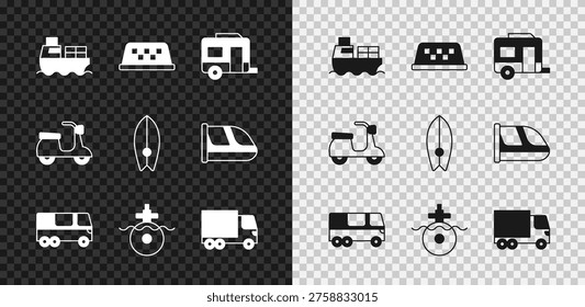 Set Cargo ship with boxes delivery, Taxi car roof, Rv Camping trailer, Bus, Submarine, Delivery cargo truck, Scooter and Surfboard icon. Vector