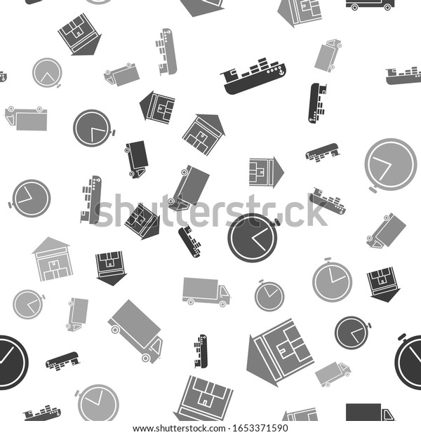Set Cargo ship with boxes delivery service ,\
Warehouse , Stopwatch  and Delivery cargo truck vehicle  on\
seamless pattern. Vector