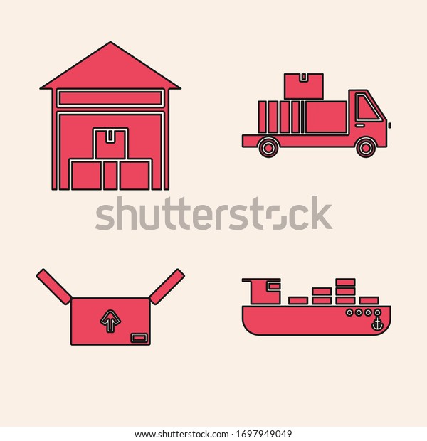 Set Cargo ship with boxes delivery service ,\
Warehouse , Delivery truck with cardboard boxes and Cardboard box\
with traffic symbol  icon.\
Vector