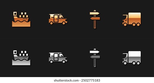 Set Cargo ship with boxes, Minibus, Road traffic signpost and Delivery cargo truck icon. Vector